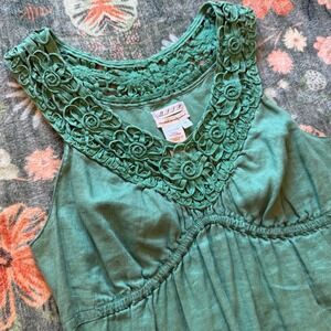 MSSP Max Studio Green 100% Linen Crochet Lace Neckline Empire Waist Dress Medium